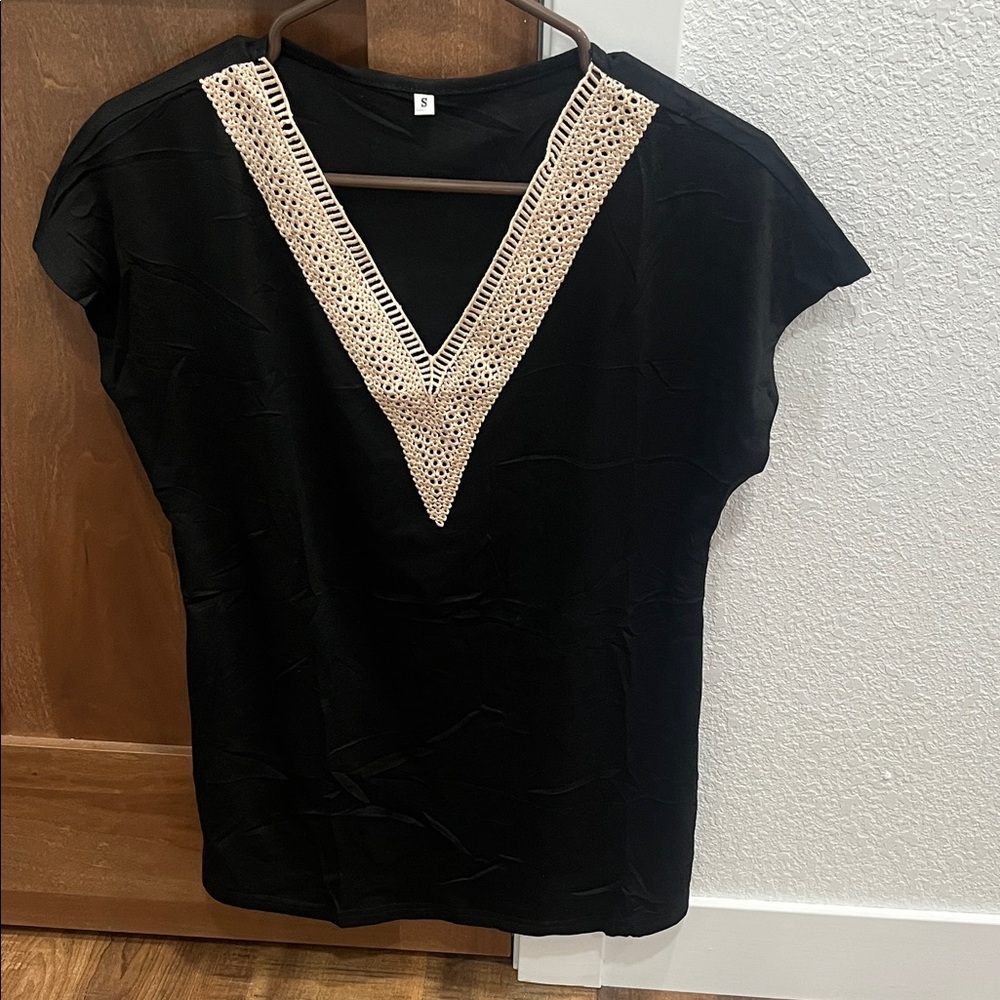 Black V-Neck Top with Cream Detailing